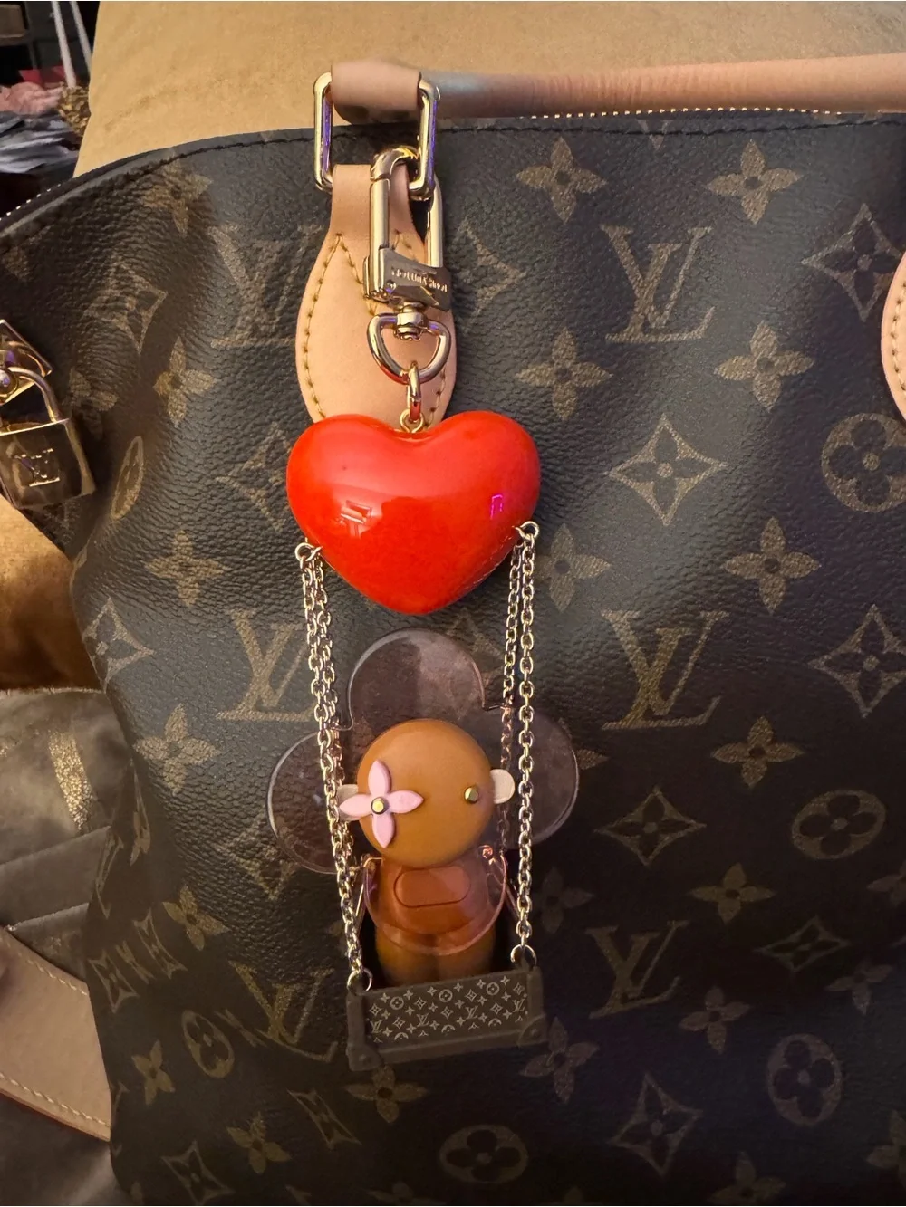 Louis Vuitton Red Heart and Tan Charm Key Holder